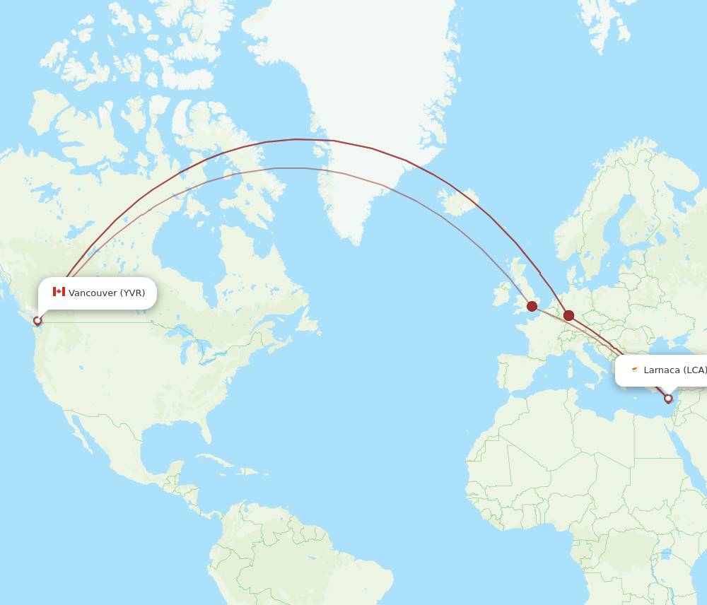 LCA-YVR flight routes