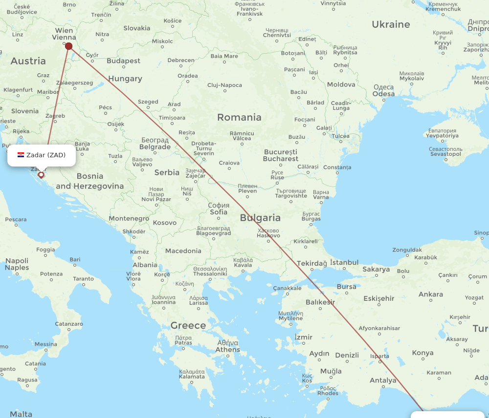 Zadar - Larnaca route map and flight paths