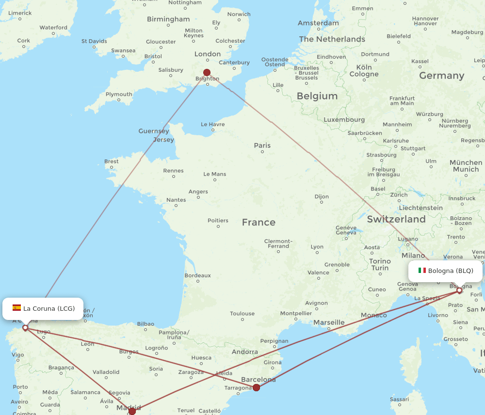 LCG to BLQ flights and routes map