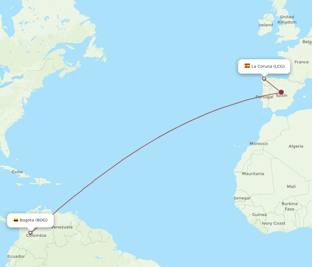 LCG to BOG flights and routes map