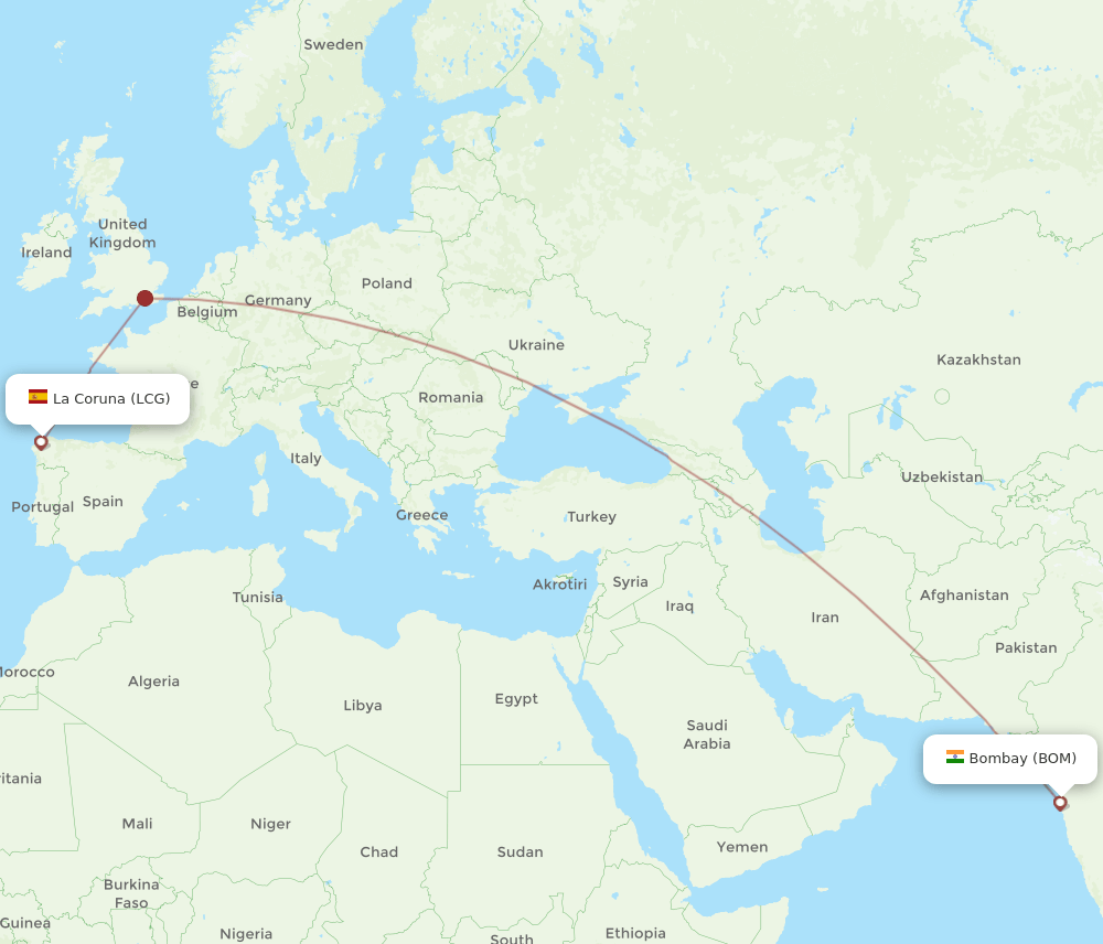 LCG to BOM flights and routes map