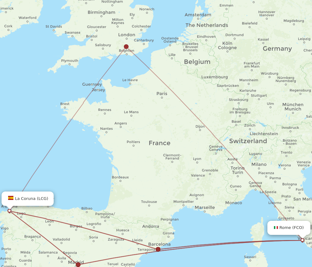 LCG to FCO flights and routes map