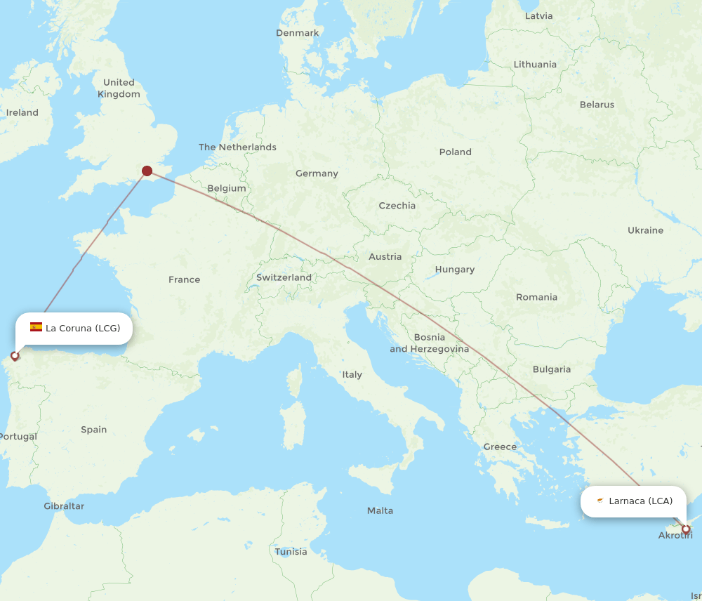 La Coruna - Larnaca route map and flight paths
