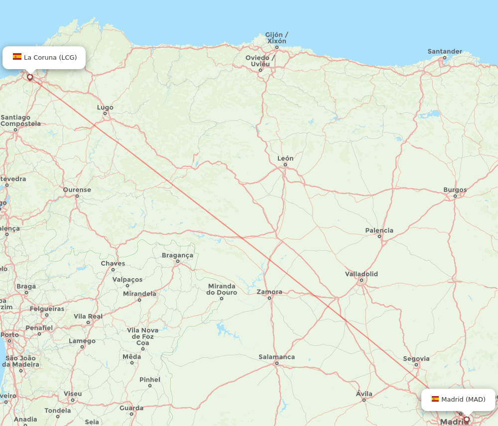 La Coruna - Madrid route map and flight paths