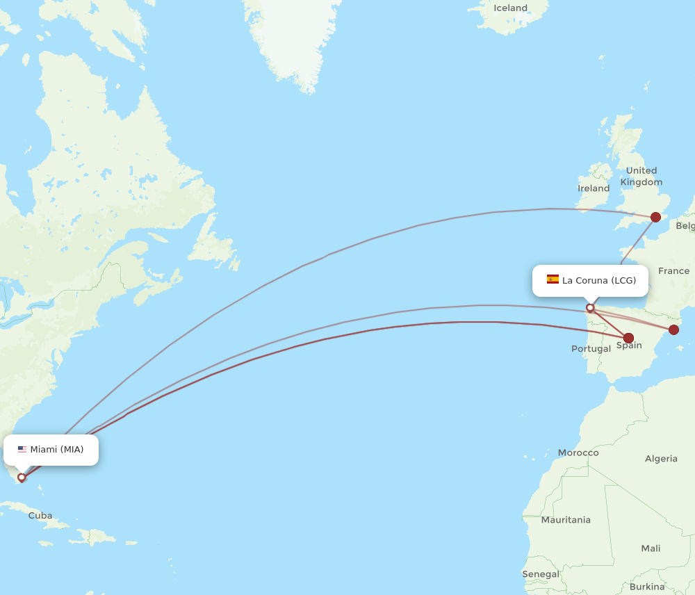 LCG to MIA flights and routes map