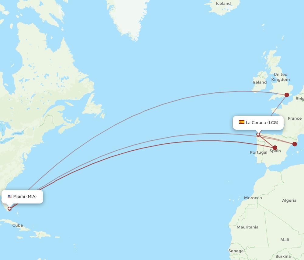 LCG-MIA flight routes