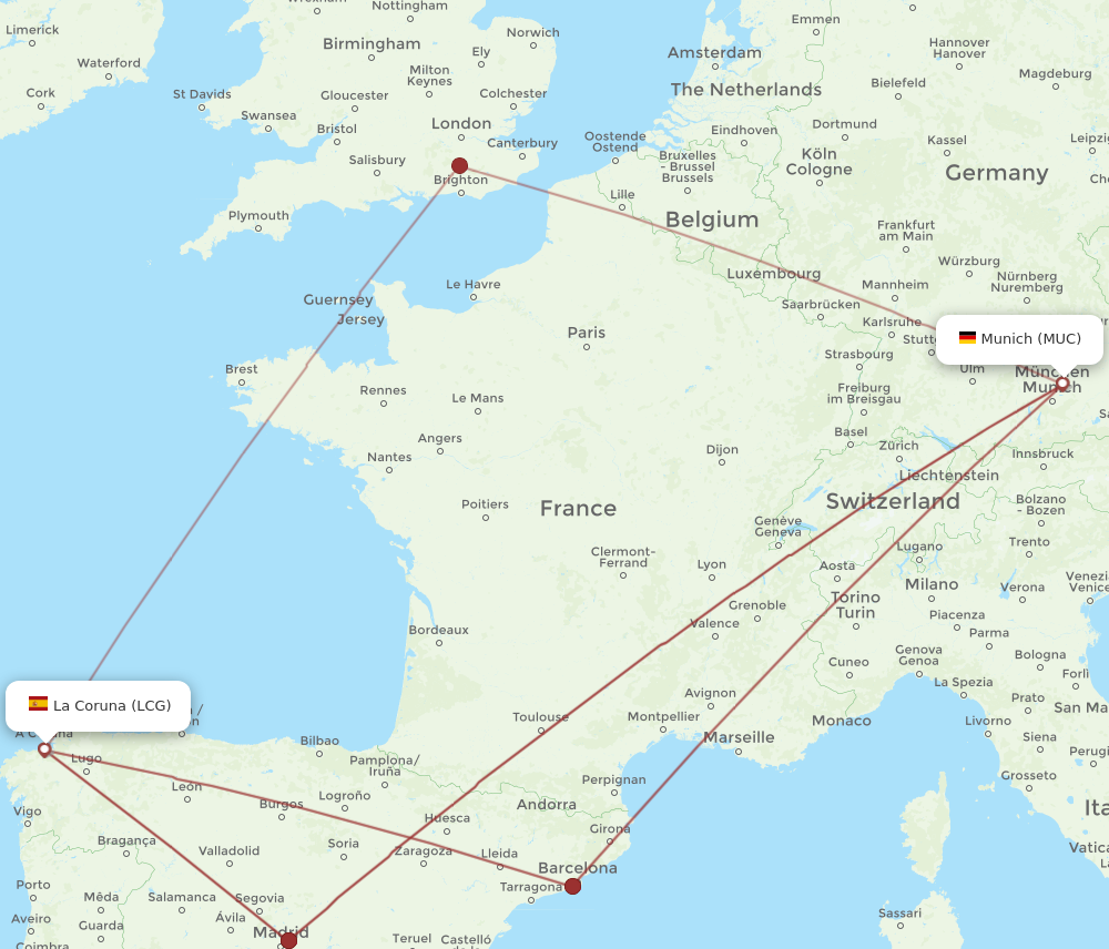 LCG to MUC flights and routes map
