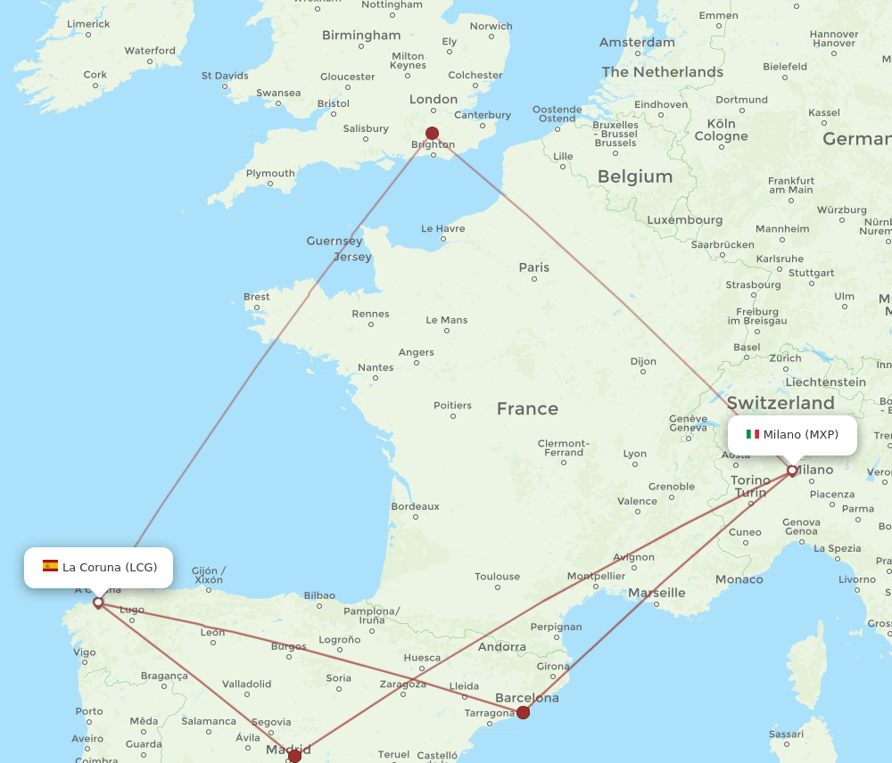 LCG to MXP flights and routes map
