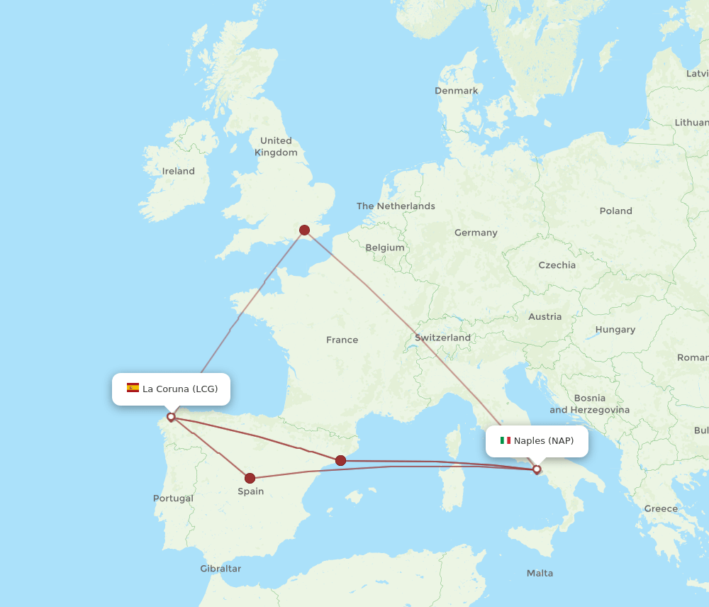 LCG to NAP flights and routes map