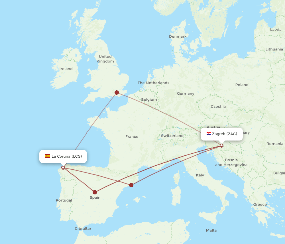 Zagreb - La Coruna route map and flight paths