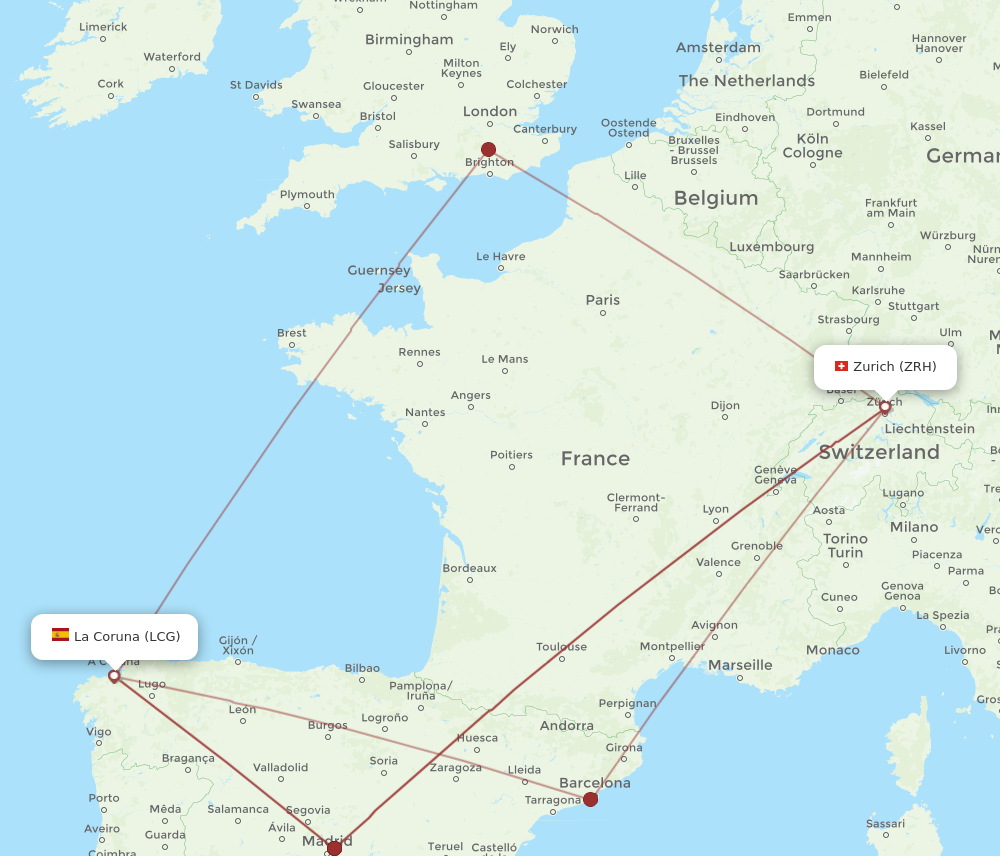 LCG to ZRH flights and routes map