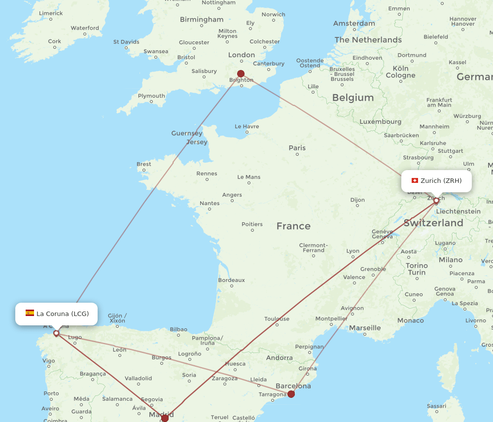 LCG to ZRH flights and routes map