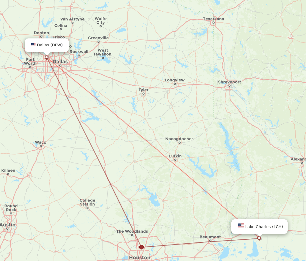 LCH-DFW flight routes