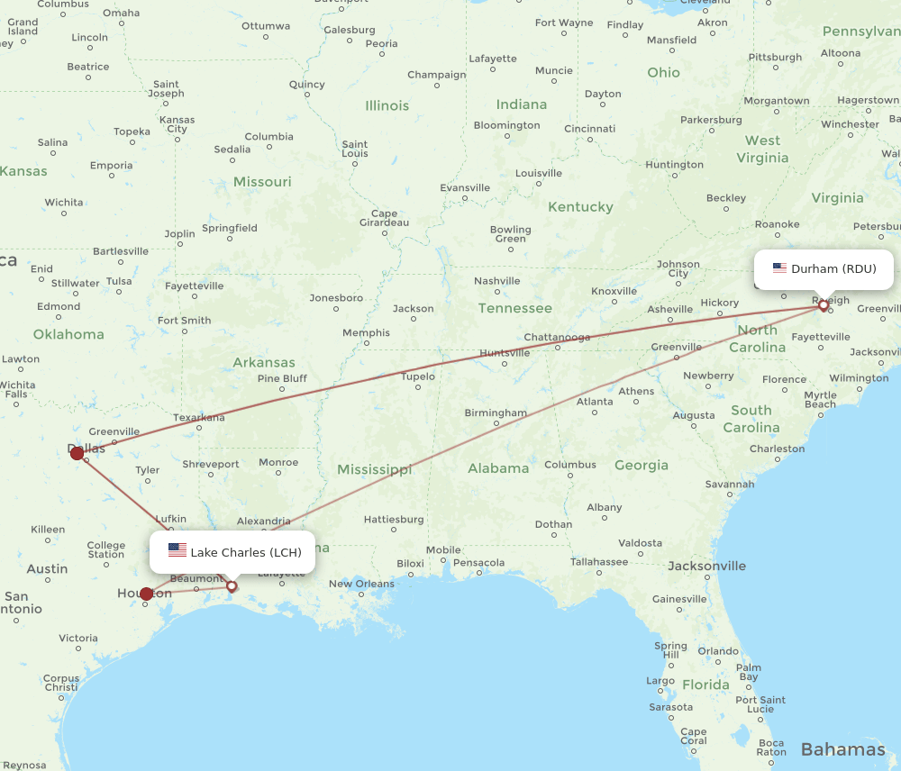 LCH to RDU flights and routes map
