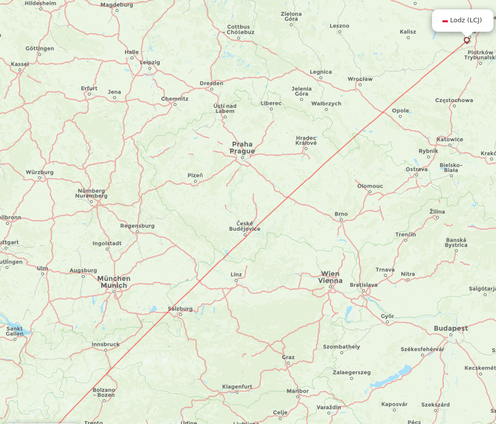 Lodz - Milan route map and flight paths