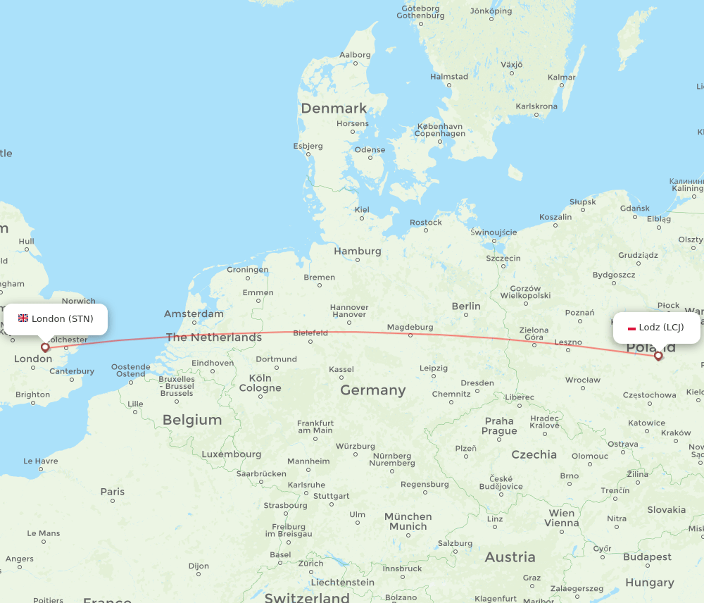 LCJ to STN flights and routes map