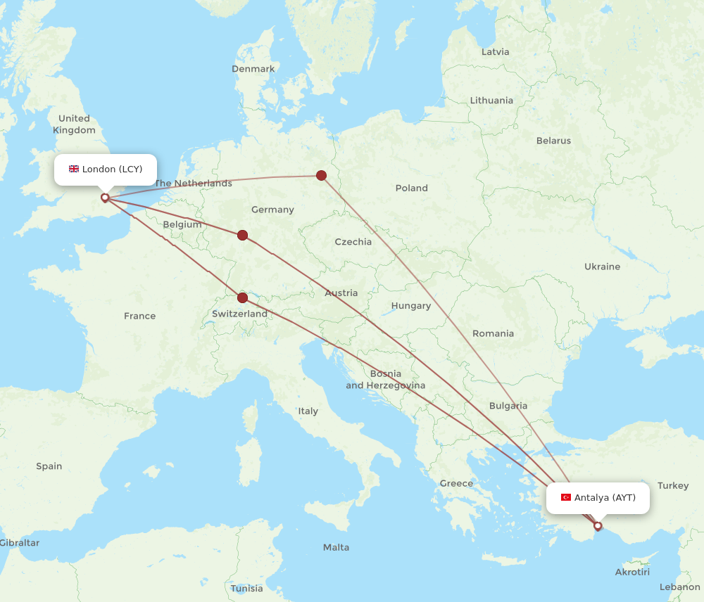 LCY to AYT flights and routes map