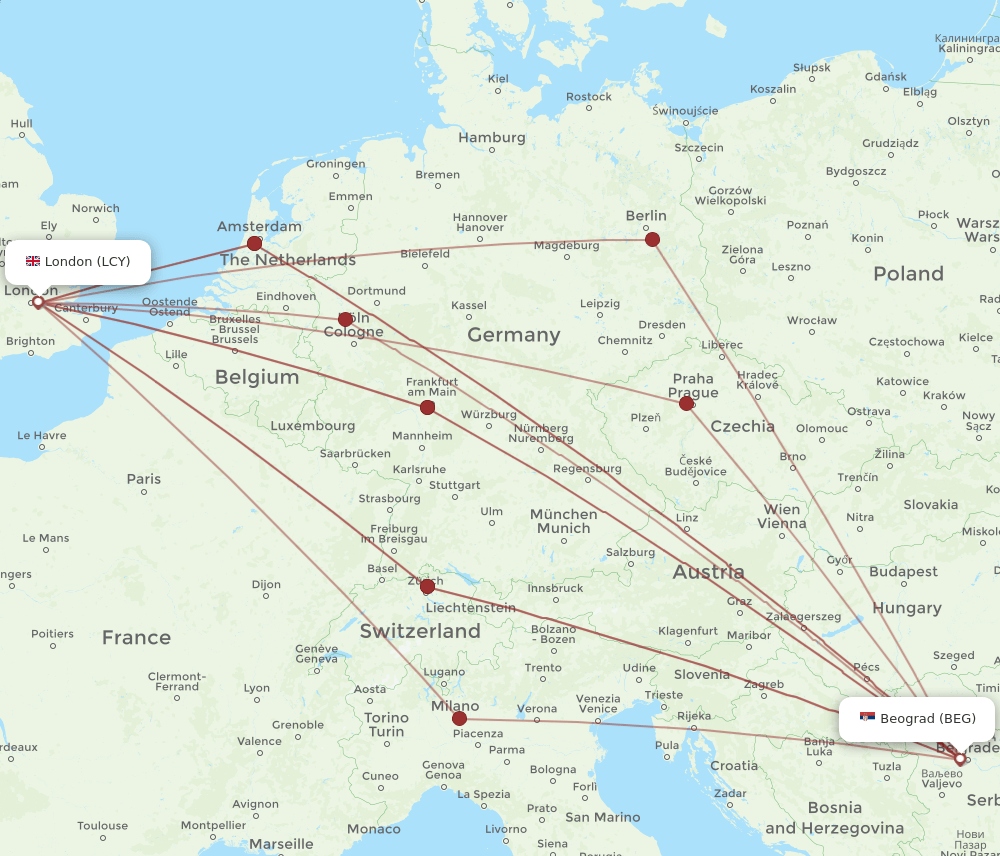 LCY to BEG flights and routes map
