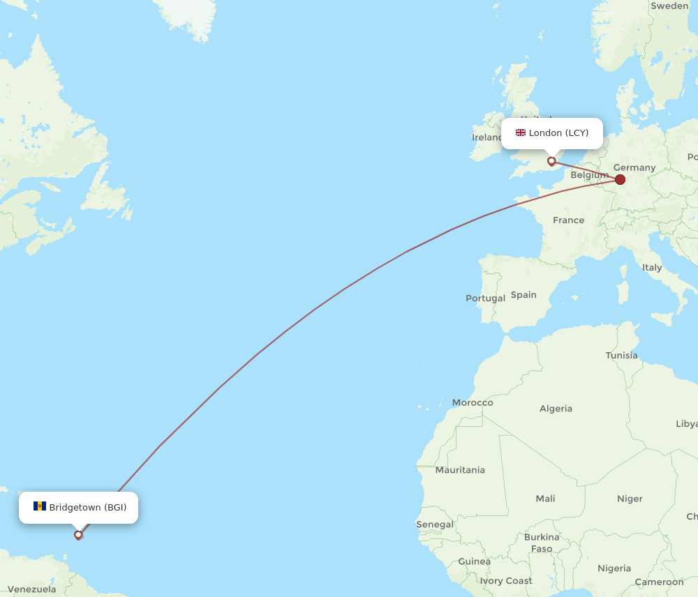 LCY to BGI flights and routes map
