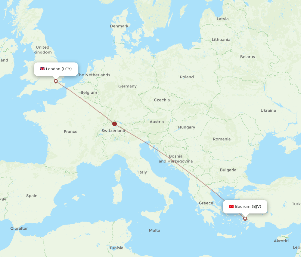 BJV to LCY flights and routes map