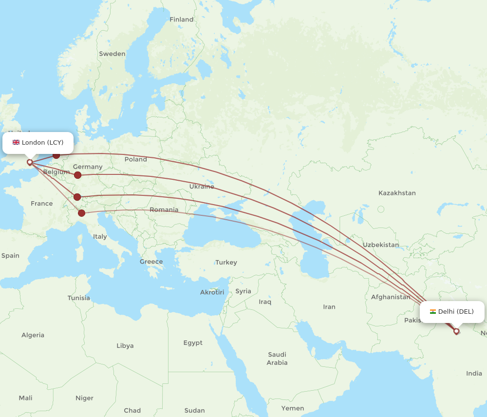 LCY to DEL flights and routes map