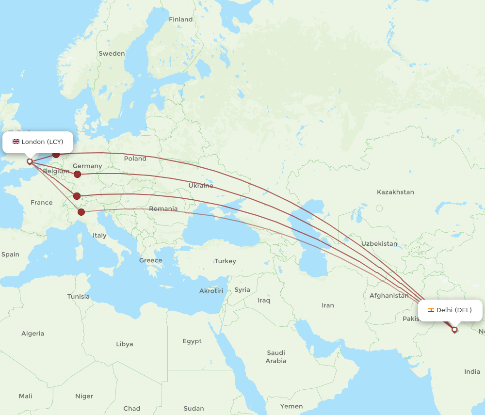 LCY-DEL flight routes