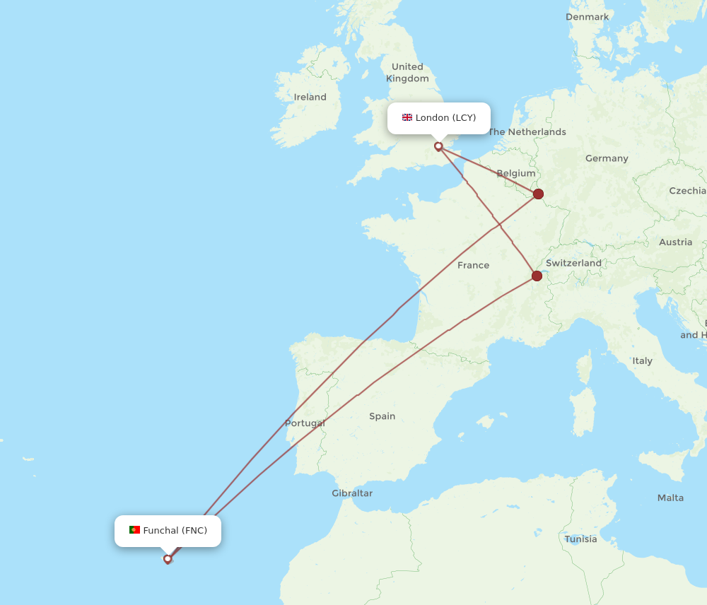 LCY to FNC flights and routes map