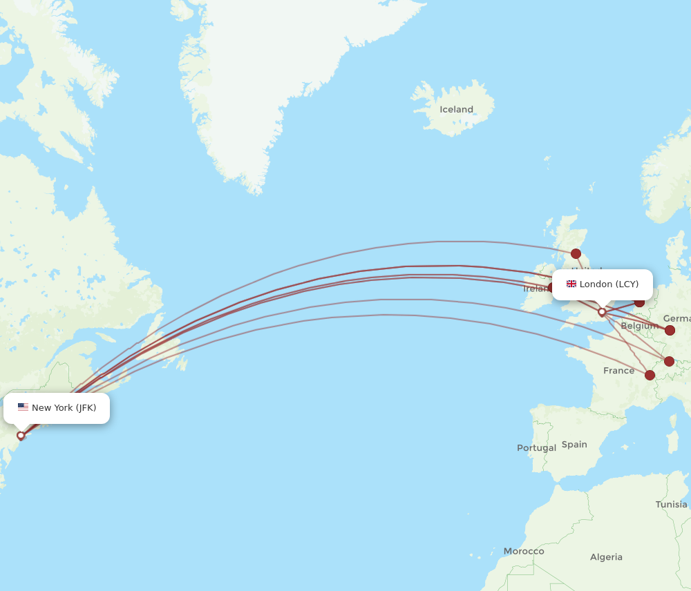 LCY to JFK flights and routes map