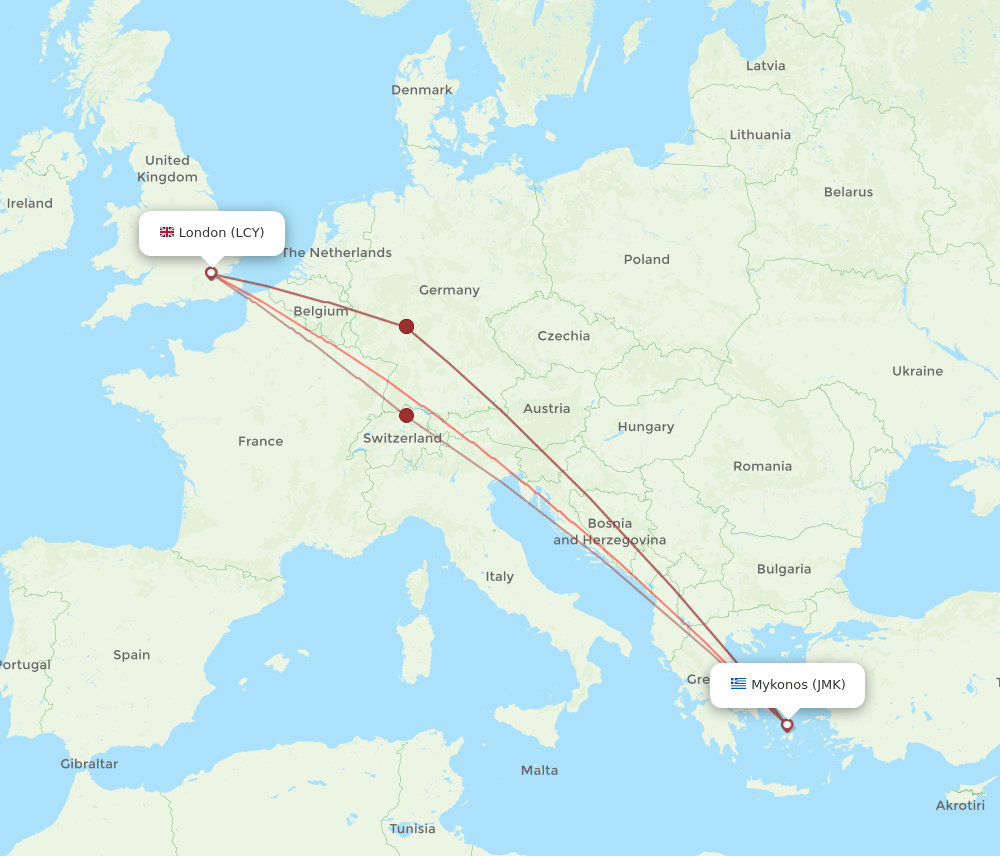 LCY to JMK flights and routes map