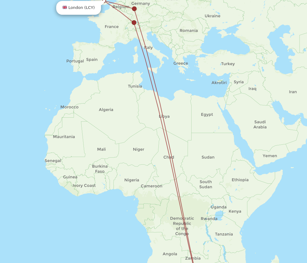 LCY to JNB flights and routes map