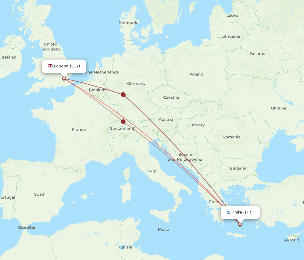 LCY to JTR flights and routes map