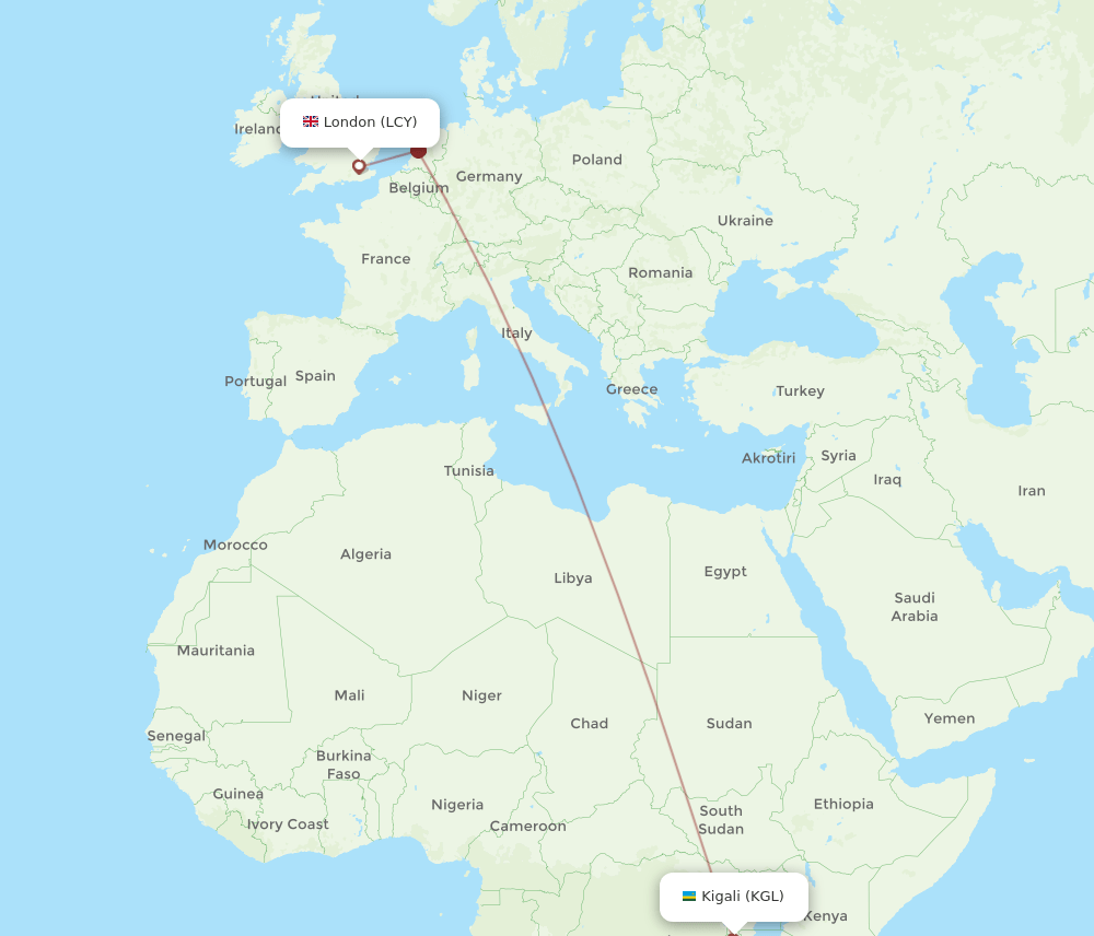 KGL to LCY flights and routes map