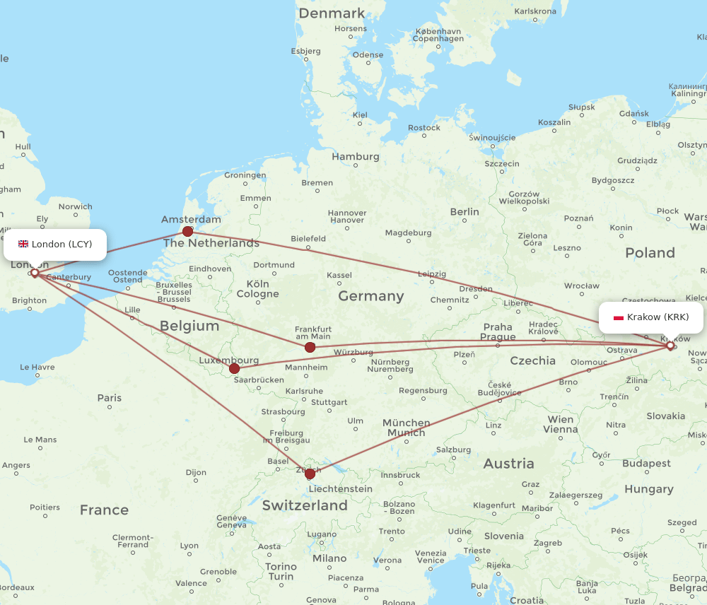 LCY to KRK flights and routes map