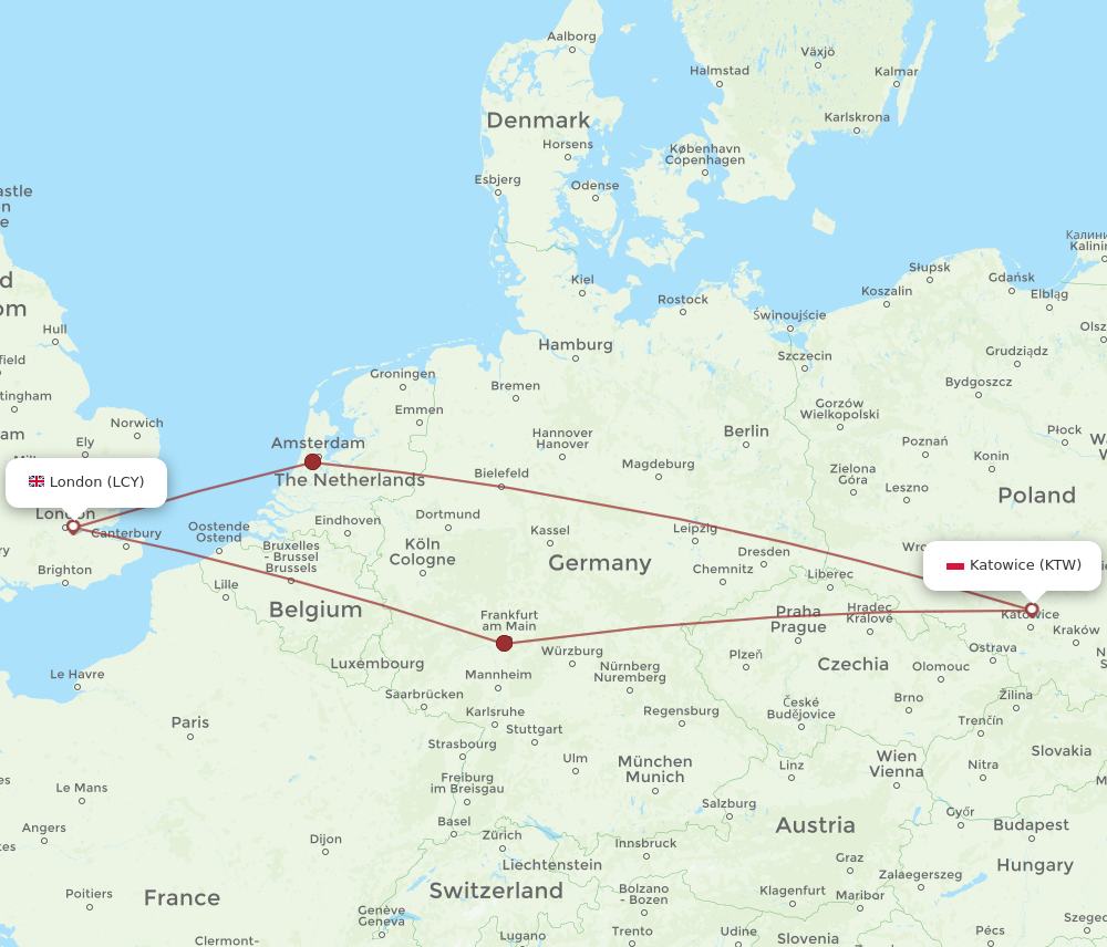 LCY to KTW flights and routes map