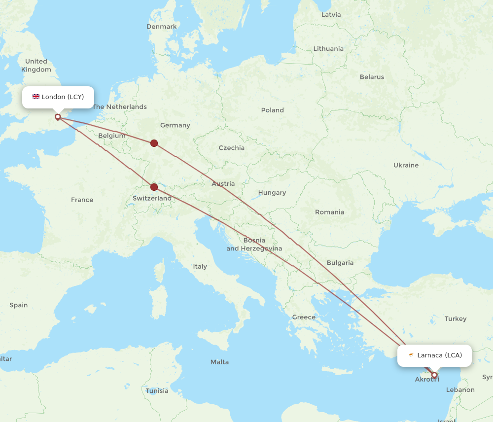 LCY to LCA flights and routes map