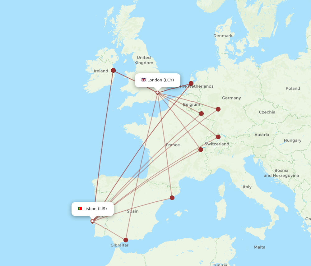 LCY to LIS flights and routes map
