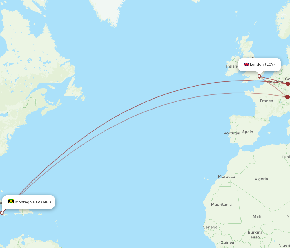 LCY to MBJ flights and routes map