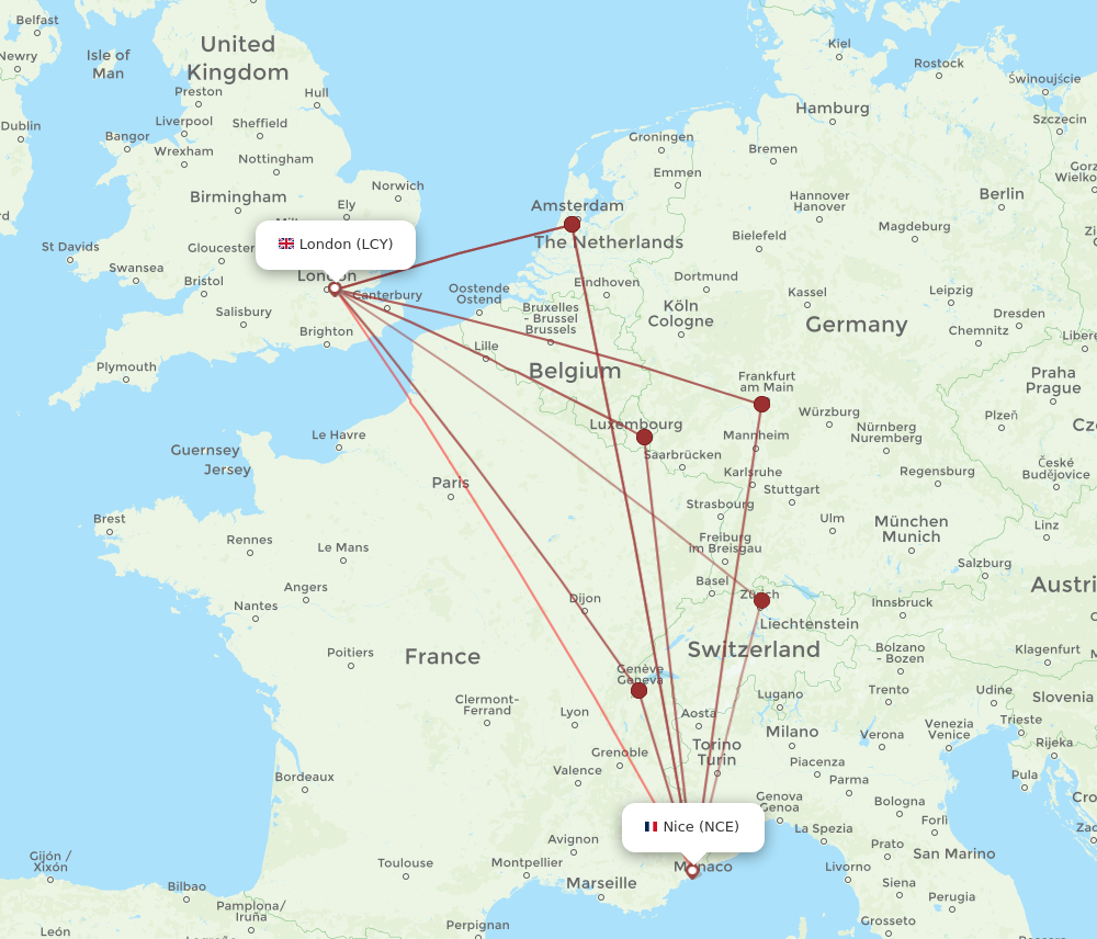 LCY to NCE flights and routes map