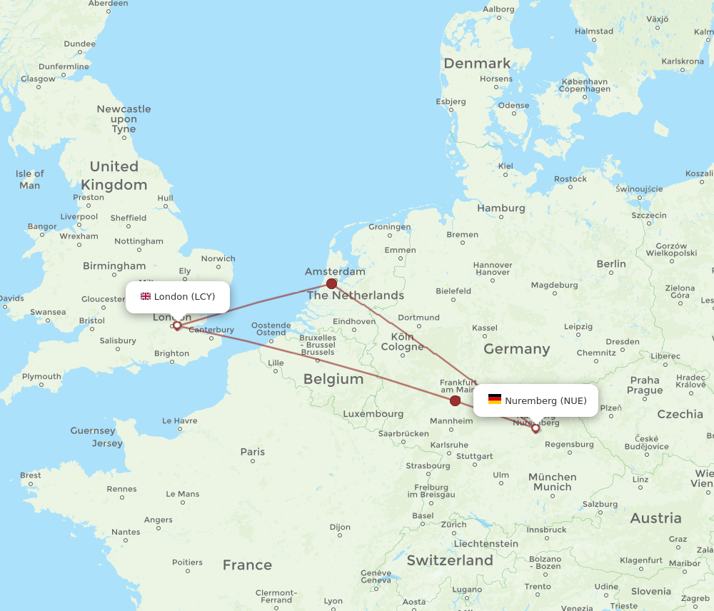 LCY to NUE flights and routes map