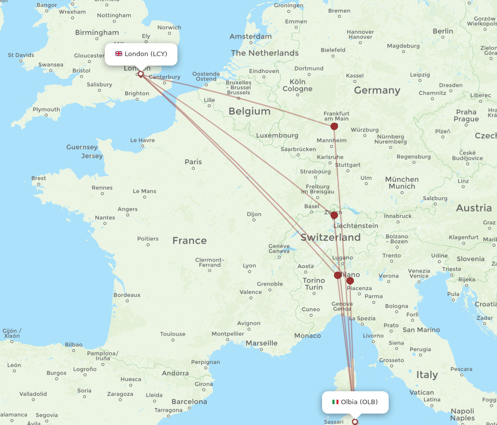 LCY to OLB flights and routes map