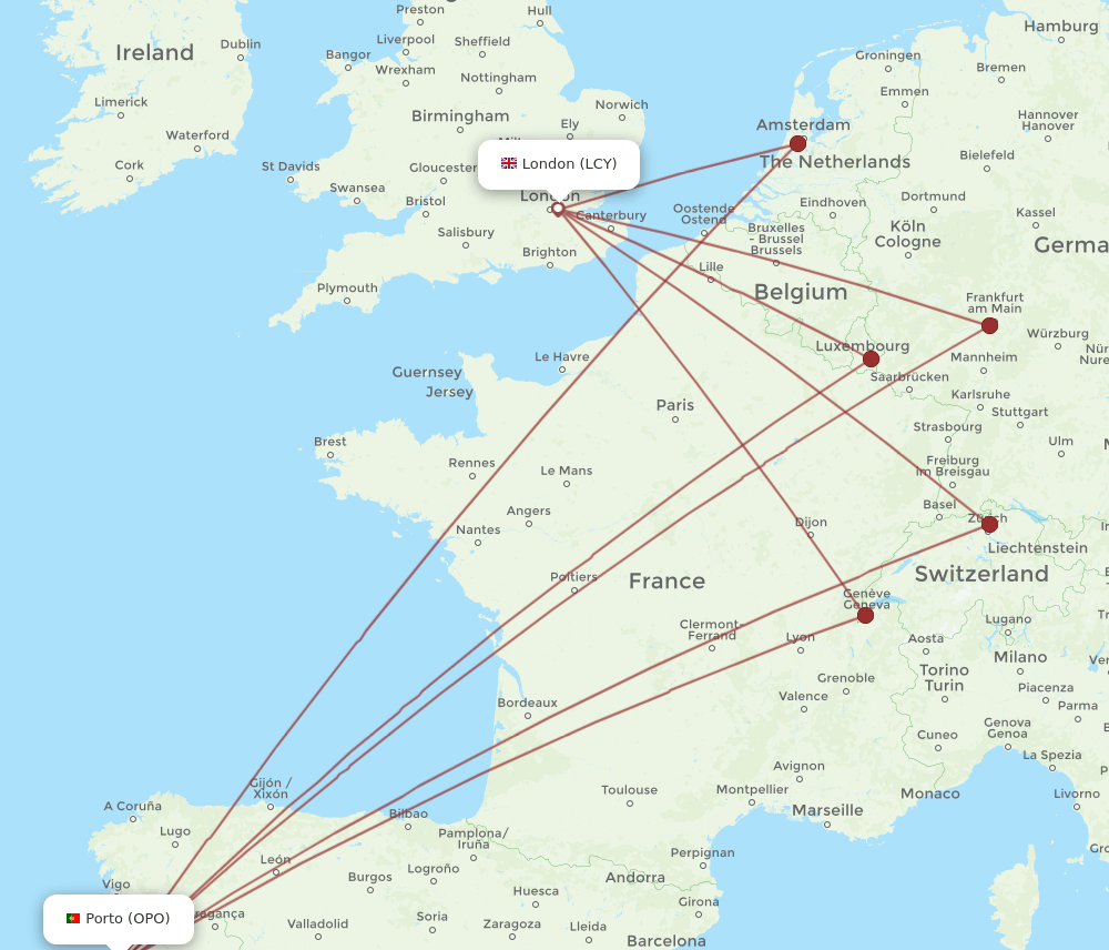 LCY-OPO flight routes