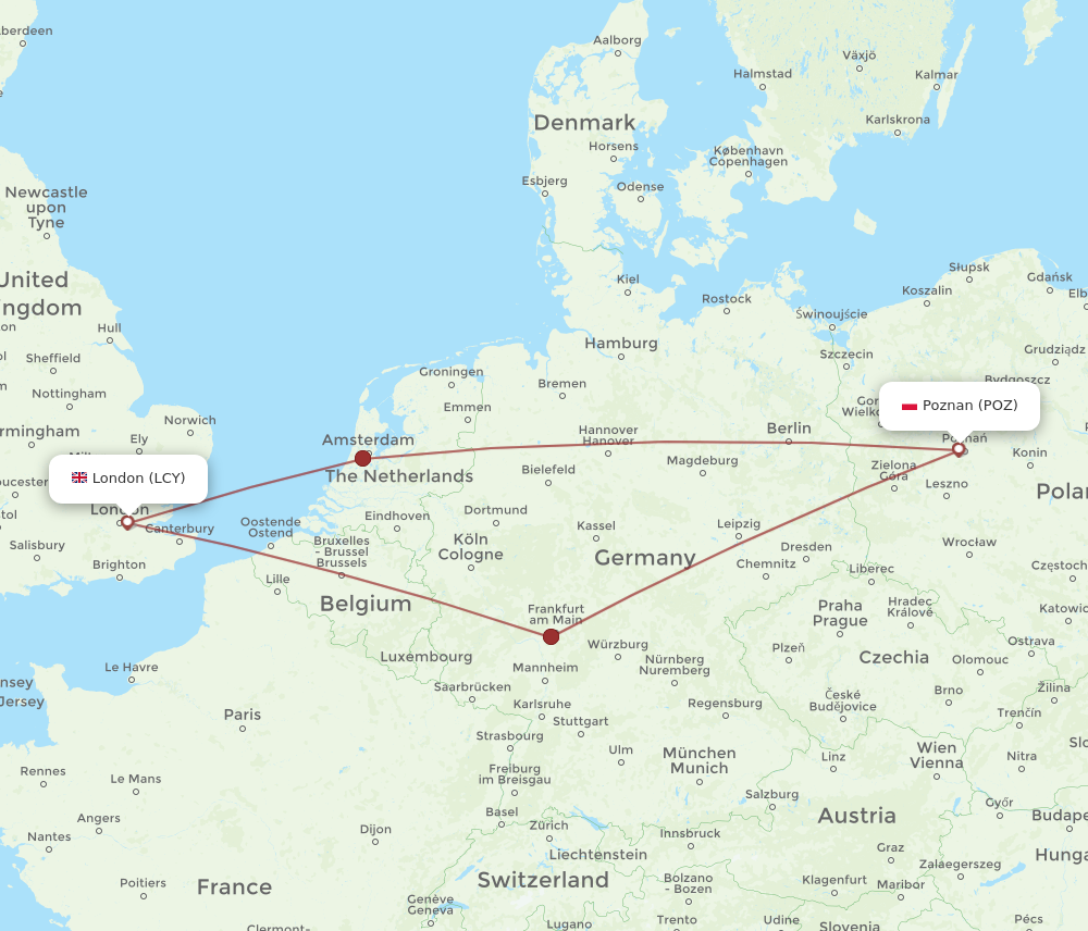 LCY to POZ flights and routes map