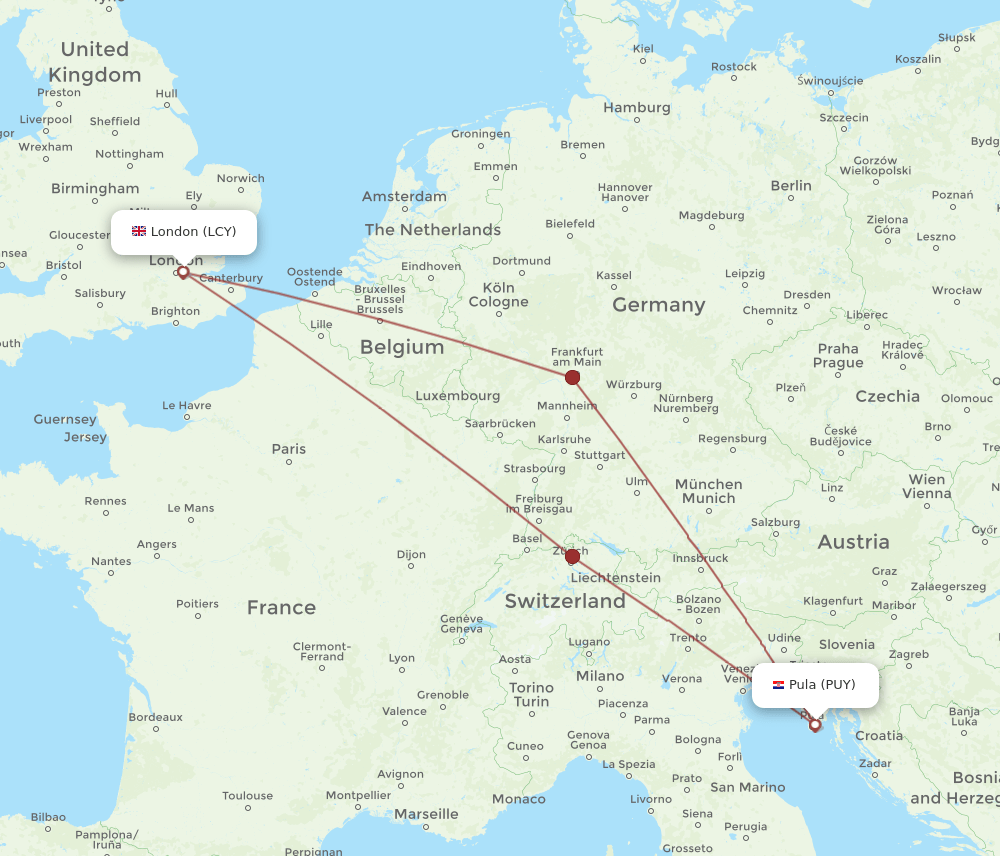 Pula - London route map and flight paths
