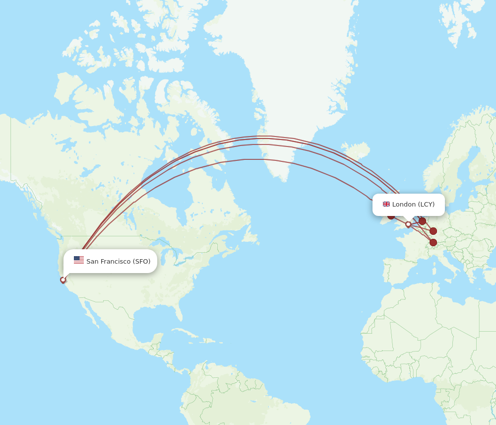 LCY to SFO flights and routes map