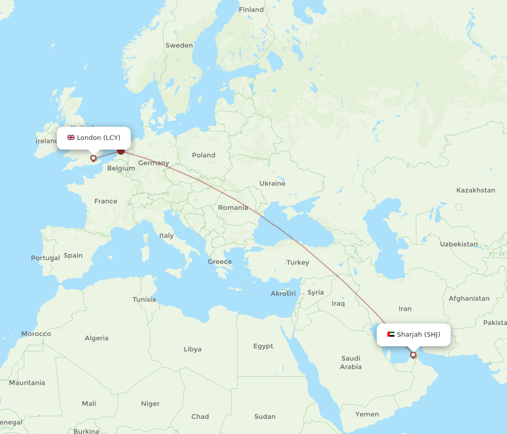London - Sharjah route map and flight paths
