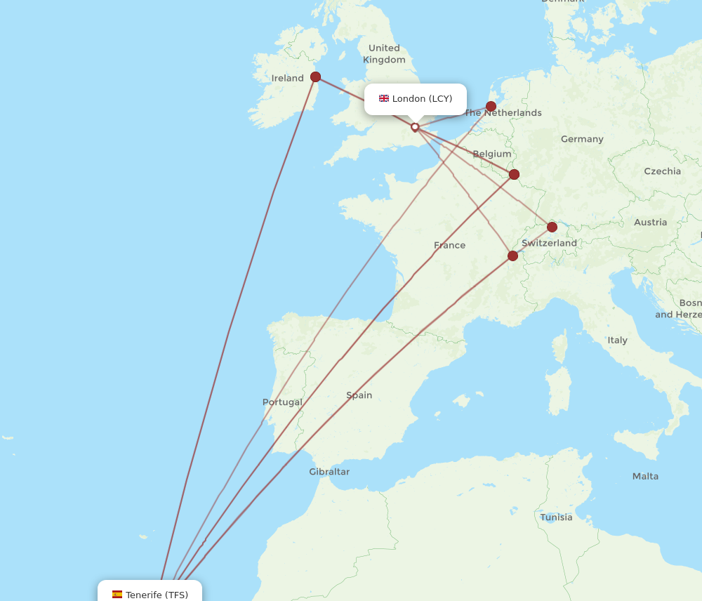 LCY to TFS flights and routes map