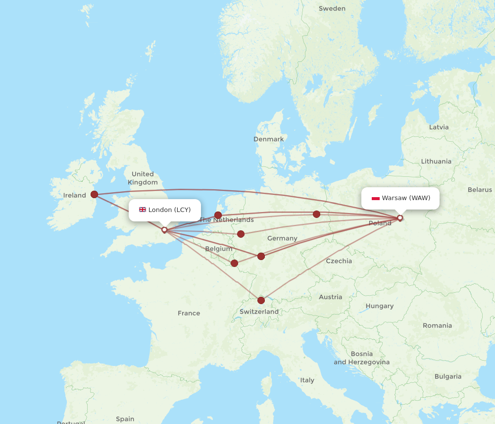 LCY to WAW flights and routes map
