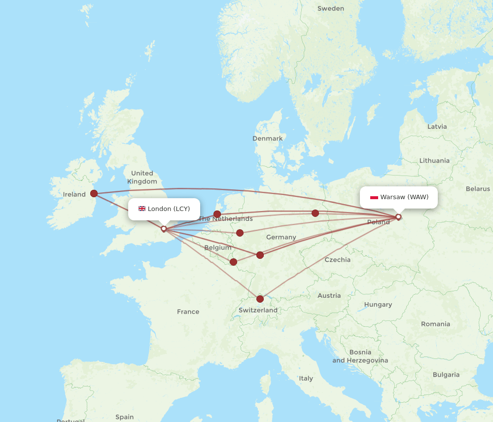 LCY to WAW flights and routes map