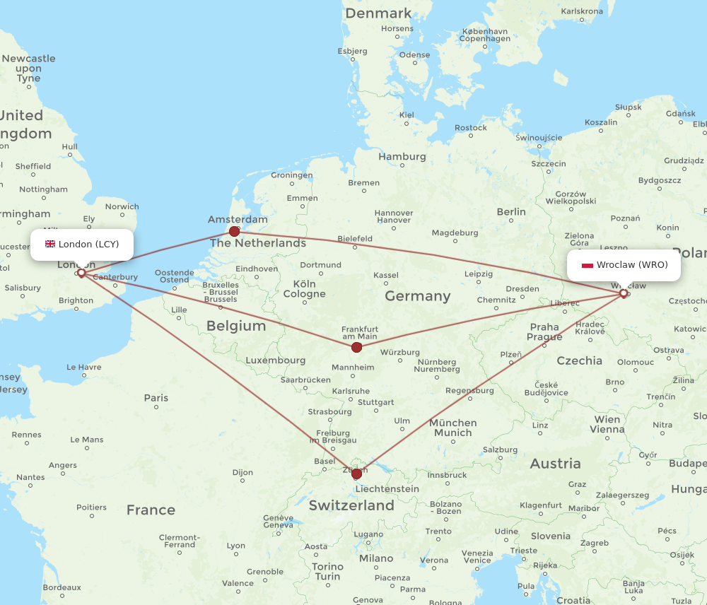 LCY to WRO flights and routes map