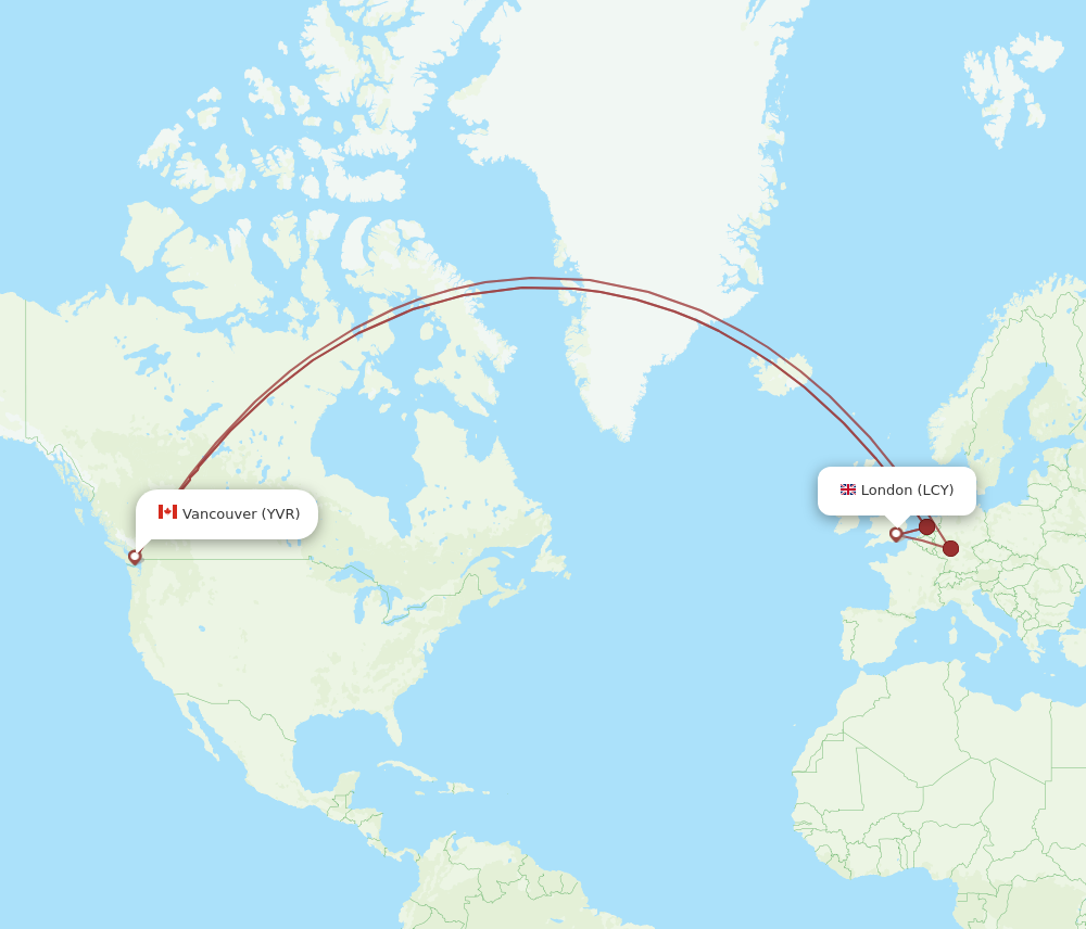 YVR to LCY flights and routes map